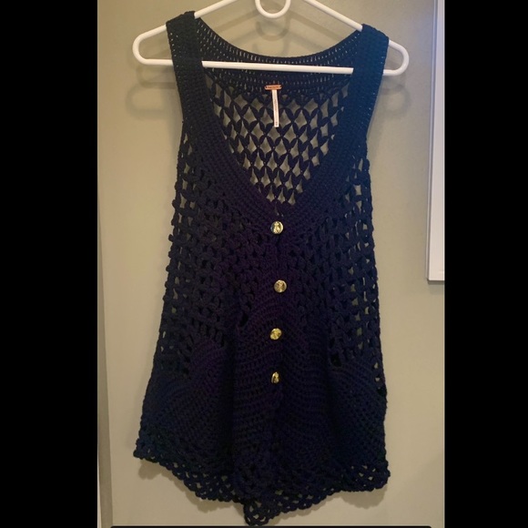 Free People Tops - Free People Navy Crochet Gold Button Top